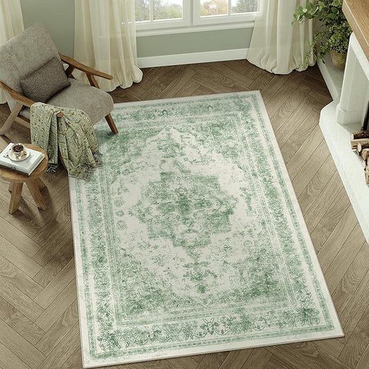 Area Rug 3x5 Washable Green Rug Vintage Boho Medallion Entryway Door Mat Entrance Distressed Retro Carpet Non Slip Low Pile Small Soft for Office Kitchen Bedroom Laundry Bathroom Hallway