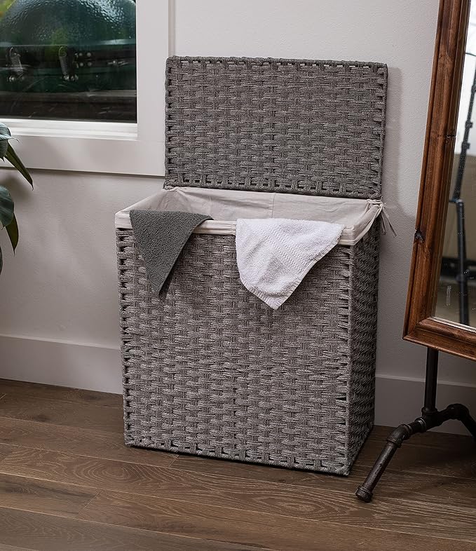 BIRDROCK HOME Laundry Hamper with Lid - Hand Woven PE Rattan Divided Sorter with Removable Liner Bags - Large Collapsible & Foldable Bin Clothes Basket Organizer for Bedroom & Bathroom - Double, Grey