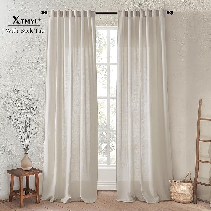 XTMYI 2 Panels,102 Inch Length,Oatmeal,50 Inch Wide,Back Tab/Hook Belt Linen Cotton Sheer Curtains for Bedroom Living Room