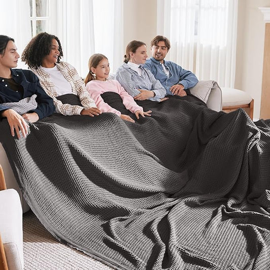 Bedsure 100% Cotton Large Blanket Oversized King for Bed - Breathable Waffle Weave Blanket for Summer Spring, Couch Cover, Dark Grey, 120x94 inches