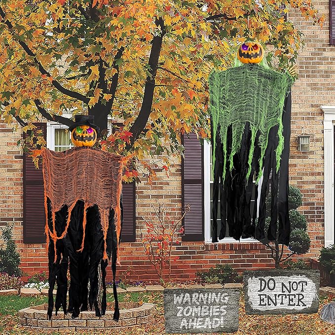FUNPENY 2 Pack 5.2' Hanging Ghost Pumpkin with Bendable Arms, Halloween Skeleton Pumpkin Decorations with Color Changing Lighted Eyes for Halloween Party Lawn Outdoor Indoor Decor