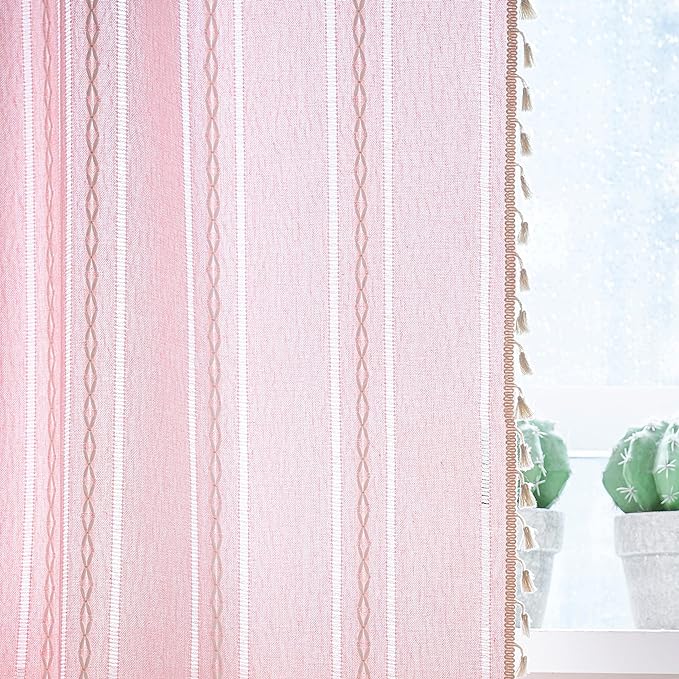 Sutuo Home Boho Curtain for Bedroom Living Room Nursery Kitchen, Light Filtering Country Farmhouse Vintage Chic Tassels Hollow Window Treatment Bohemian Drape, 1 Panel 52" W x 96" L, Pink