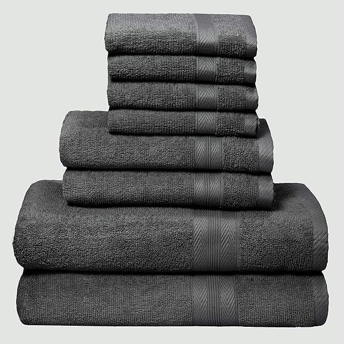 BOUTIQUO 8 Piece Towel Set 100% Ring Spun Cotton, 2 Bath Towels 27x54, 2 Hand Towels 16x28 and 4 Washcloths 13x13 - Ultra Soft Highly Absorbent Machine Washable Hotel Spa Quality - Charcoal Grey