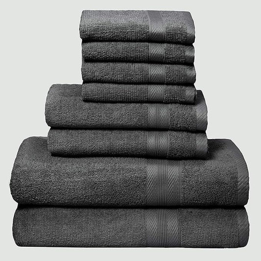 BOUTIQUO 8 Piece Towel Set 100% Ring Spun Cotton, 2 Bath Towels 27x54, 2 Hand Towels 16x28 and 4 Washcloths 13x13 - Ultra Soft Highly Absorbent Machine Washable Hotel Spa Quality - Charcoal Grey
