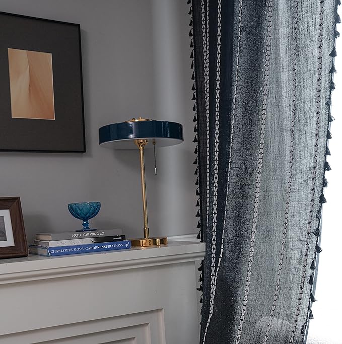 Sutuo Home Boho Curtain for Bedroom, Semi Blackout Linen Farmhouse Shabby Chic Tassels Window Treatment Bohemian Embroidery Drape for Halloween Decor, Rod Pocket 1 Panel 52" W x 84" L, Black