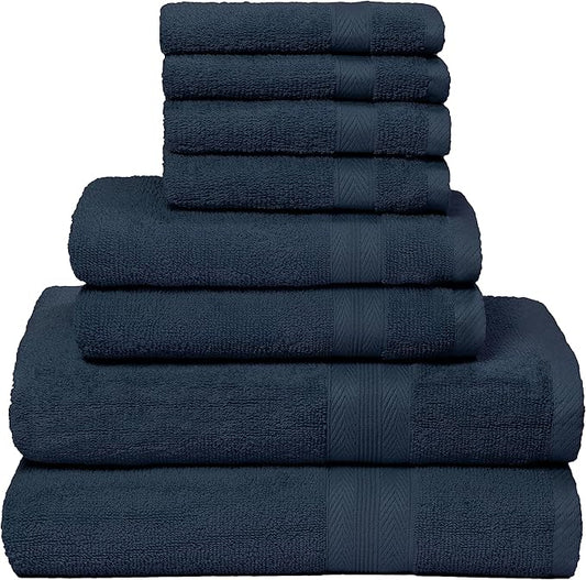 BOUTIQUO 8 Piece Towel Set 100% Ring Spun Cotton, 2 Bath Towels 27X54, 2 Hand Towels 16X28 and 4 Washcloths 13X13 - Ultra Soft Highly Absorbent Machine Washable Hotel Spa Quality - Mineral Blue