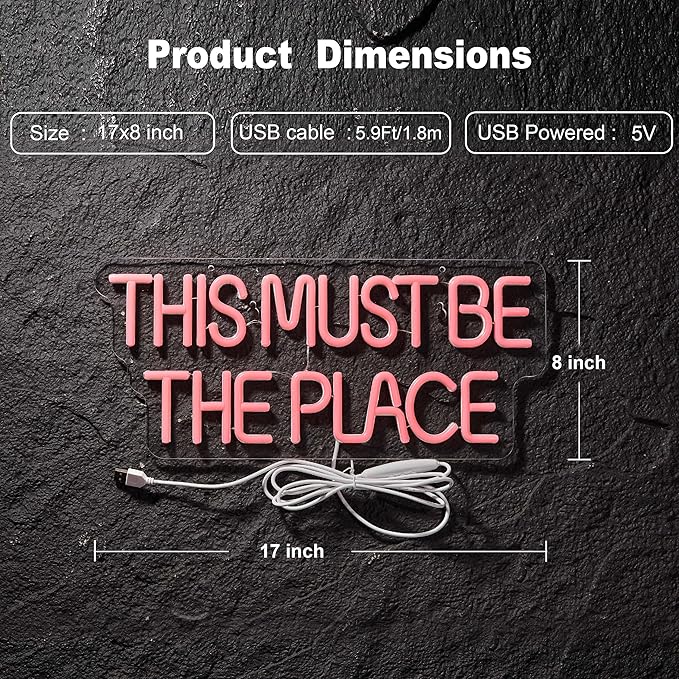 This Must Be The Place Neon Sign for Wall Décor Dimmable LED Neon Light USB Powered Neon Art Signs(Pink)