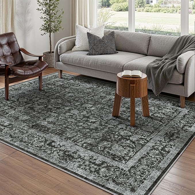 Dark Black Area Rug 4x6 Office Entryway Rug Machine Washable Kitchen Vintage Distressed Non Slip Carpet Indoor Retro Floral Accent Throw Door Mat for Bathroom Bedroom Dining Living Room