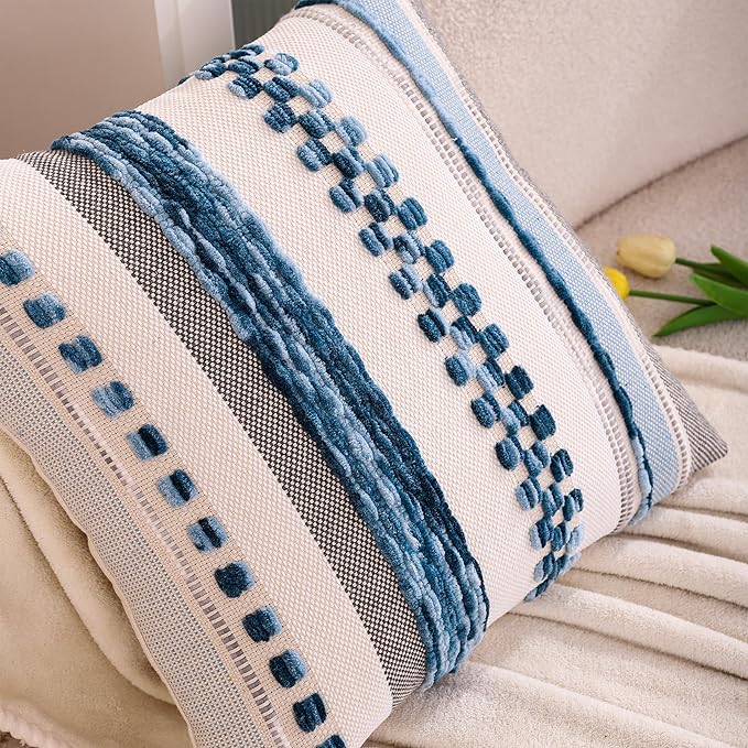 Tosleo Boho Throw Pillow Covers 18x18 Set of 2 Striped Decorative Pillow Cases Accent Chenille Pillowcases Farmhouse Cushion Case Bohemian Nuetral Textured Coastal Pillow Cover,Sky Blue
