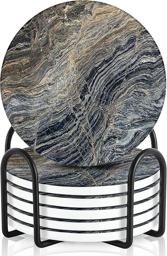 Emerson Coasters for Drinks Absorbent – Natural Stone Drink Coasters Set with Holder, Coasters for Coffee Table, Wooden Tabletop Protection Marble Style – 100% Heavy Duty Set of 6 (Lava)