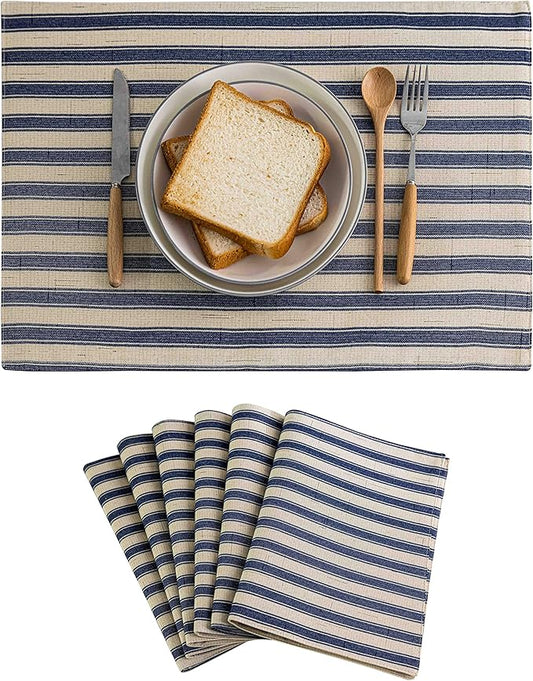 Home Brilliant Placemats Set of 6 Heat Resistant Dining Table Place Mats for Kitchen Table Farmhouse Rustic, 13 x 19 inches, Stripes, Navy Blue and Beige