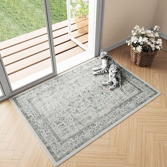 Dark Green Entryway Area Rug 2x3 Door Mat Machine Washable Kitchen Vintage Distressed Non Slip Carpet Indoor Retro Floral Accent Throw Small Rug for Bathroom Office Bedroom Dining Room