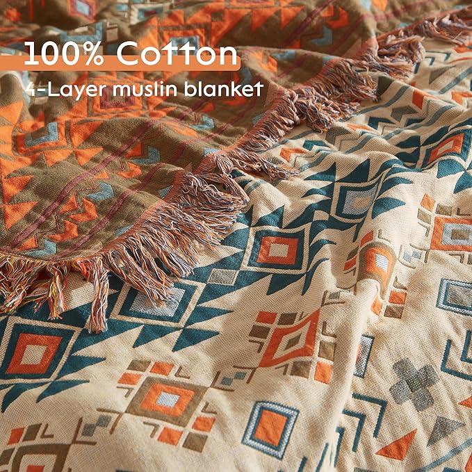 Boho Throw Blanket for Bed 60”x80”, 100% Cotton Woven Blanket for Couch Sofa, Ultra Soft 4-Layer Muslin Quilt with Diamond Pattern, Farmhouse Bed Blanket/Cover for Living Room Decor