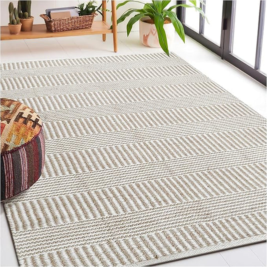 Bedding Craft Jute Cotton Stripe Area Rug for Living Room 48x72 Inch - Natural Ivory - Machine Washable 4x6 Feet Rugs - 70% Jute and 30% Cotton