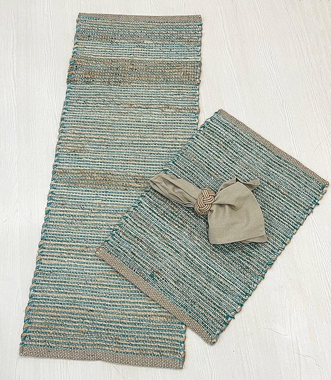 Chardin home | Natural Jute Table Runner | 13x36 Rustic Farmhouse Table Runner | Table Runner Colors - Natural Jute and Aqua Turquoise.