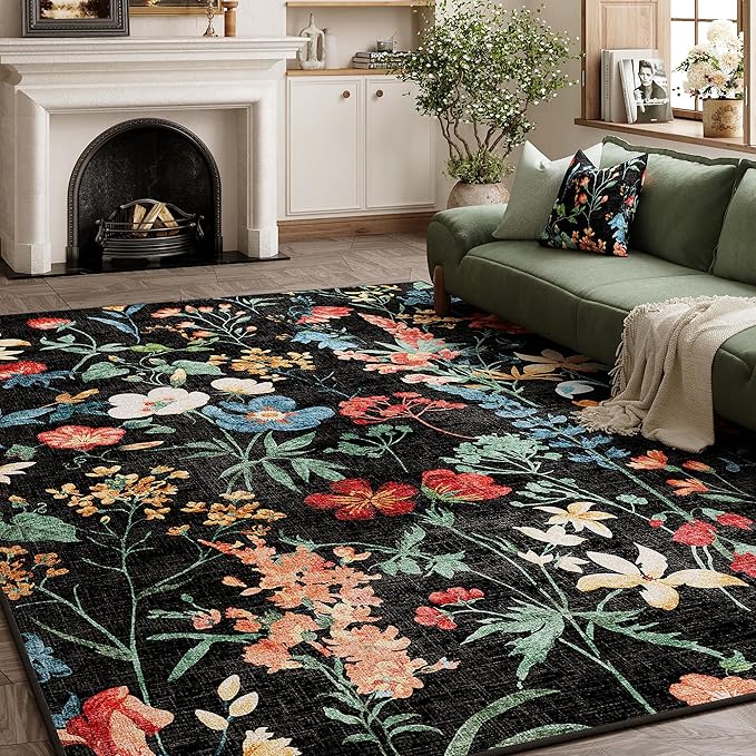 Black Area Rug 3x5 Office Floral Boho Door Mat Indoor Washable Kitchen Carpet Non Slip Bedroom Low Pile Lightweight Soft Throw Rug for Living Dining Room Bathroom