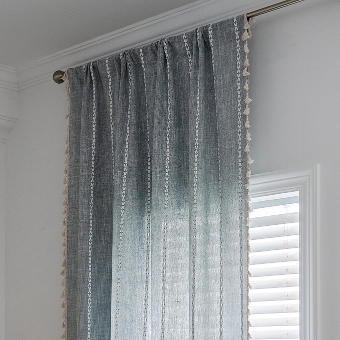Sutuo Home Boho Curtains for Bedroom Dining Room Kitchen, Semi Blackout Linen Farmhouse Shabby Chic Tassels Window Treatment Bohemian Embroidery Drape, Rod Pocket 1 Panel 52" W x 63" L, Greyish Blue