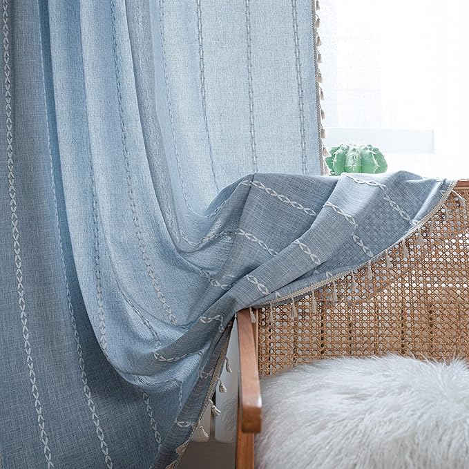 Sutuo Home Boho Curtains for Bedroom 63 Inch Length, Light Filtering French Country Farmhouse Vintage Shabby Chic Tassels Window Treatment Bohemian Drape, 1 Panel 52" W x 63" L, Blue