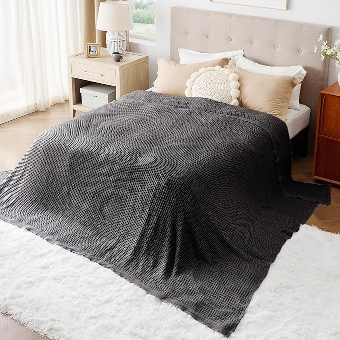 Bedsure 100% Cotton Large Blanket Oversized King for Bed - Breathable Waffle Weave Blanket for Summer Spring, Couch Cover, Dark Grey, 120x94 inches