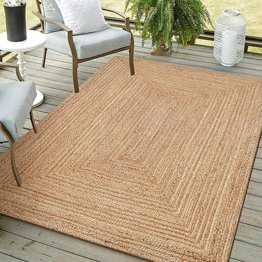 Hand Woven Farmhouse Jute Area Rug 5x8 Ft Round Natural Yarn, Rustic Vintage Beige Braided Reversible Rug, Eco Friendly Rugs for Bedroom, Kitchen, Living Room, Farmhouse 100% Jute Rug - Natural
