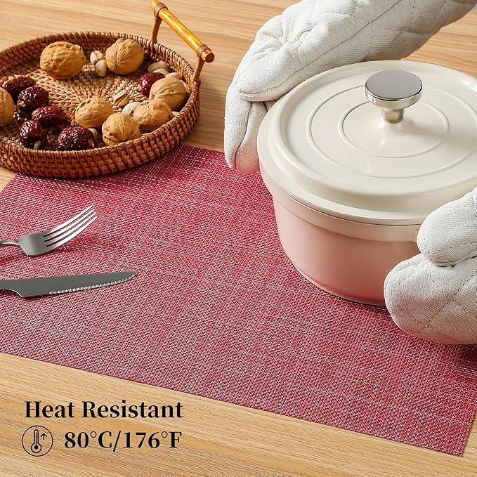 Leetaltree Red Placemats Set of 12 - Heat Resistant Non-Slip Place mats for Dining Table, Washable Durable PVC Vinyl Woven Table Mats（Red, 12）