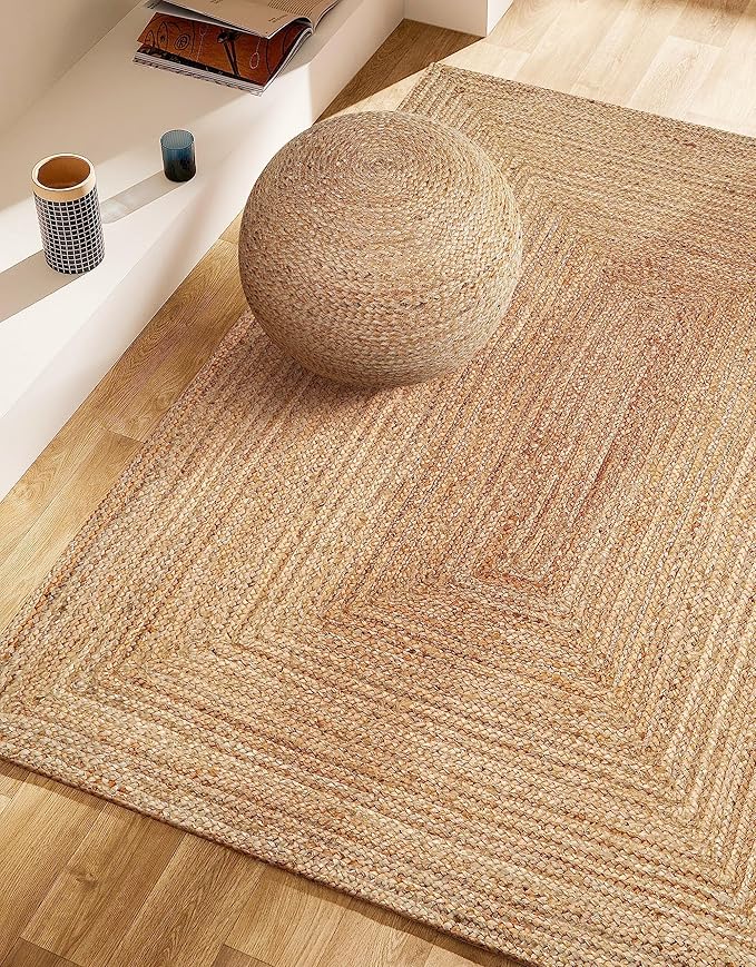 Hand Woven Farmhouse Jute Area Rug 5x8 Ft Round Natural Yarn, Rustic Vintage Beige Braided Reversible Rug, Eco Friendly Rugs for Bedroom, Kitchen, Living Room, Farmhouse 100% Jute Rug - Natural