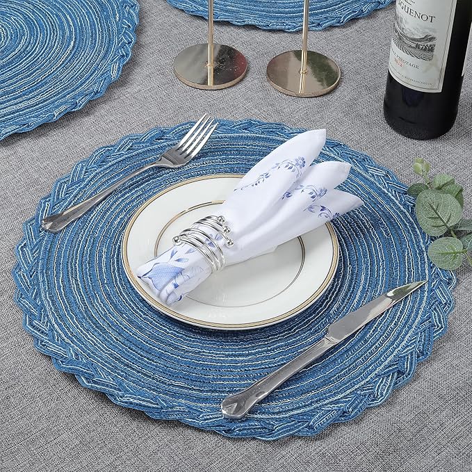 fanquare Braided Placemats 15 Inch Set of 4 Natural Woven Non Slip Heat Resistant Place Mats Sapphire Blue Modern Style Table Mats for Kitchen Decor