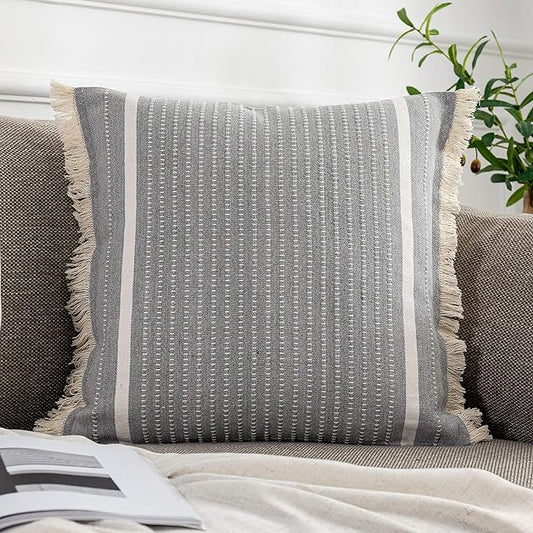OJIA Modern Throw Pillow Cover with Tassels, Decorative Liana Fringe Accent Cushion Case, Farmhouse Woven Pillowcase for Sofa Chair Couch Bed Decor (Lumbar 20 x 20 Inches, Grey)