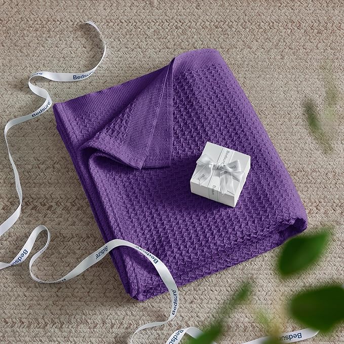 Bedsure 100% Cotton Blanket King Size for Bed - Breathable and Soft, Waffle Weave Blanket for Summer Spring, Purple, 104x90 inches