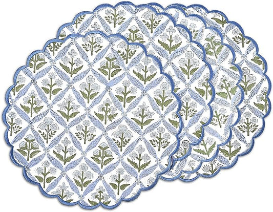 Ridhi Light Steel Blue Bo-ho Round Place Mat Easter Floral Cotton Washable Placemats 15" Round Embroidery Block Print Table Mat Pack of 8-15 Inch Round