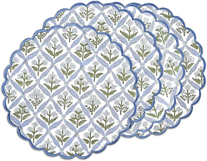 Ridhi Bo-ho Round Place Mat Easter Floral Cotton Washable Placemats 15" Round Embroidery Block Print Table Mat (Pack of 4-15 Inch Round, Light Steel Blue)