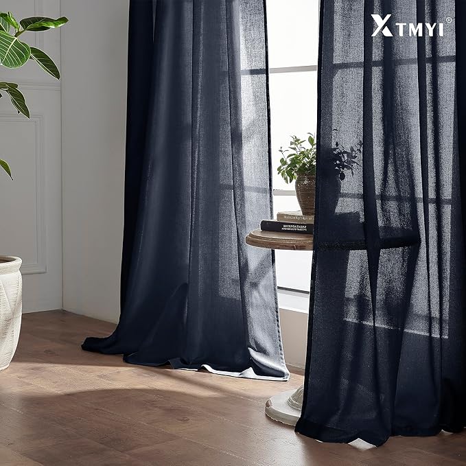 XTMYI Navy Blue Short Length Curtains for Windows,Linen Sheer Cutains for Bedroom Kitchen,45 Inch Long