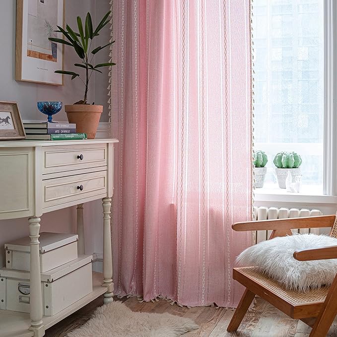 Sutuo Home Boho Curtain for Bedroom Living Room Nursery Kitchen, Light Filtering Country Farmhouse Vintage Chic Tassels Hollow Window Treatment Bohemian Drape, 1 Panel 52" W x 96" L, Pink