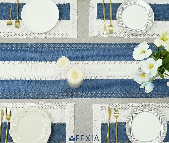 FEXIA Blue Boho Placemats Set of 4, Macrame Table Decor and Farmhouse Style Placemats Natural Cotton Burlap, for Dining Table, Blue