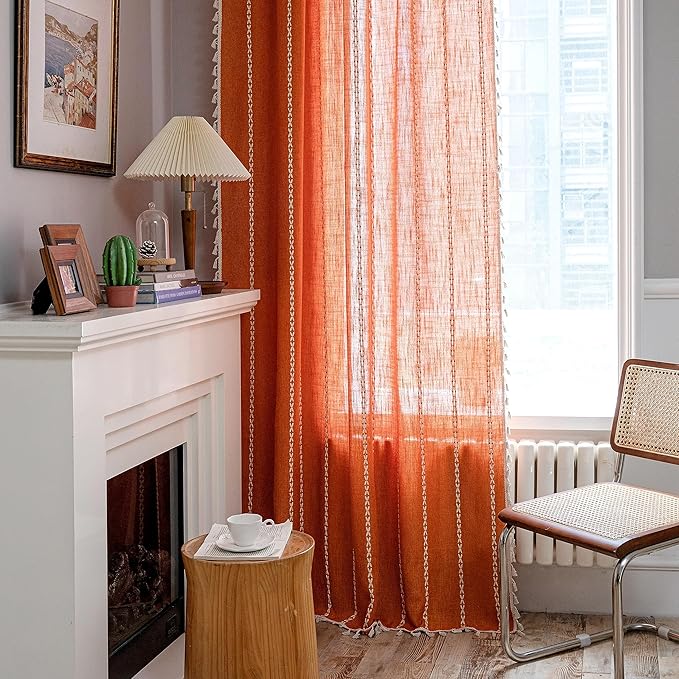 Sutuo Home Boho Curtains for Bedroom 84 Inches Long, Terracotta Semi Blackout Farmhouse Tassels Window Treatment Bohemian Embroidery Drape for Halloween Decor, Rod Pocket 1 Panel 52" W x 84" L, Orange