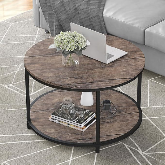 NSdirect Round Coffee Table, 25.6" Small Wood Coffee Table for Living Room, Rustic Modern Farmhouse Style, 2-Tier Storage Shelf Compact Space-Saving Design for Small Spaces, Walnut
