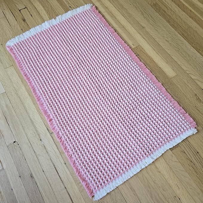 Upgraded Waffle Bath Mat – Ultra Soft, Super Absorbent & Non-Slip Rug with Tassels, Machine Washable, Rubber Backed for Bathroom, Hallway Runner, Kitchen and More (Pink, 18" X 30")