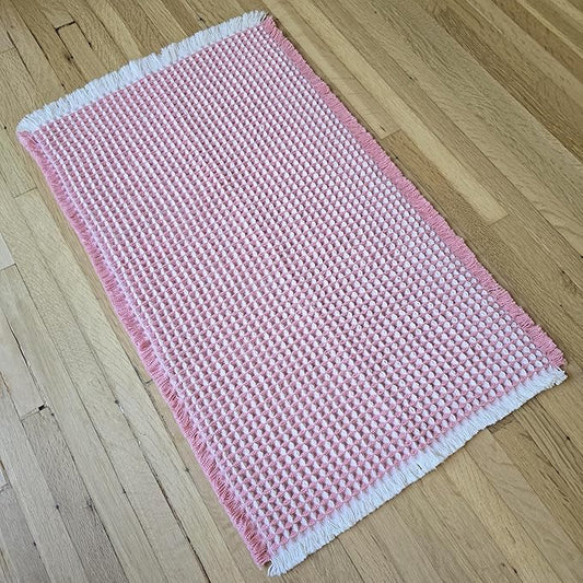 Upgraded Waffle Bath Mat – Ultra Soft, Super Absorbent & Non-Slip Rug with Tassels, Machine Washable, Rubber Backed for Bathroom, Hallway Runner, Kitchen and More (Pink, 18" X 30")