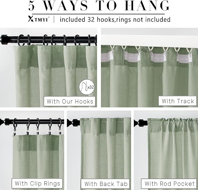 XTMYI Sage Green Linen Curtains 96 Inches Long for Living Room,Boho Closet Curtains for Bedroom Closet Door Neutral Nursery Boy Teens Girls Room