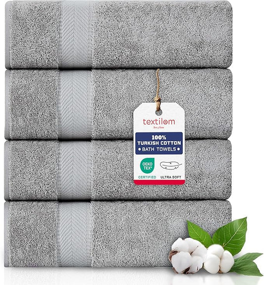 TEXTILOM Bath Towel Set – Hotel and Spa Quality & Soft & Absorbent & Quick Dry Bath Towels for Bathroom – 100% Turkish Cotton Bathroom Towels Set of 4 (27 x 54 inches)- Grey