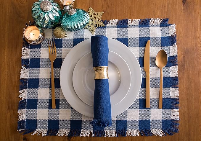 DII Heavyweight Fringed Check Tabletop Collection, Placemat Set, 13x19, Navy, 6 Piece