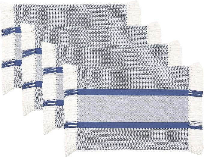 Sticky Toffee Cotton Placemats Set of 4 – Blue Woven 14x19 in Table Mats for Kitchen or Dining Table, Boho Style, Washable Cloth Placemats