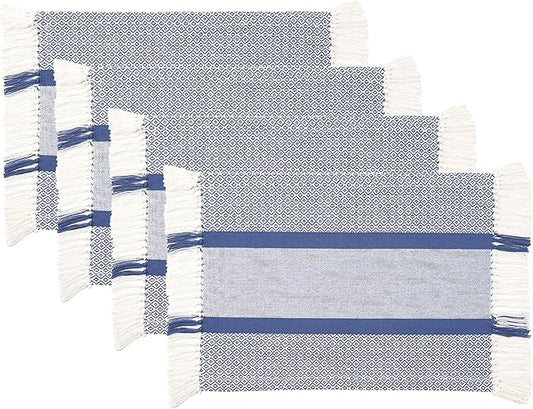 Sticky Toffee Cotton Placemats Set of 4 – Blue Woven 14x19 in Table Mats for Kitchen or Dining Table, Boho Style, Washable Cloth Placemats