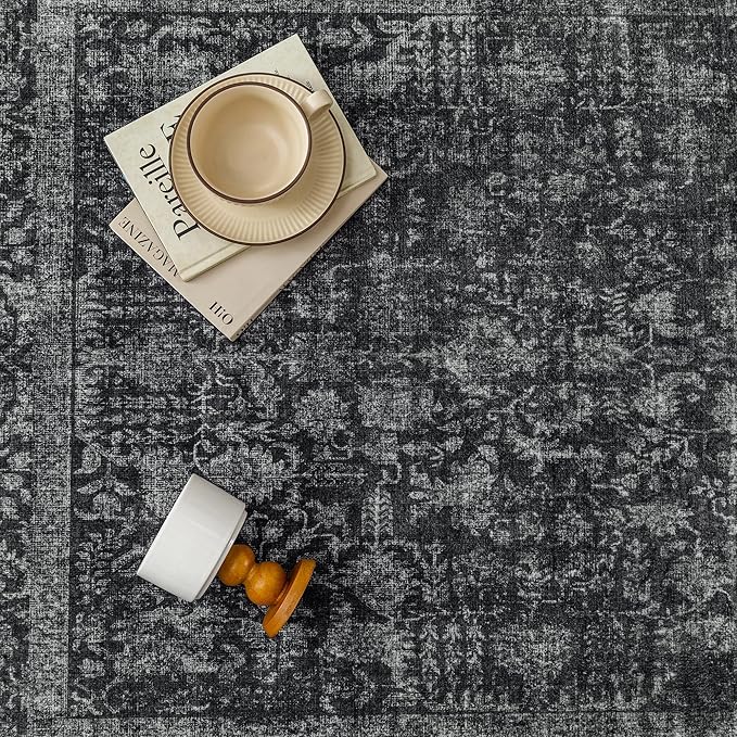 Dark Black Runner Rug 2x6 Hallway Machine Washable Kitchen Vintage Distressed Non Slip Long Carpet Indoor Retro Floral Bedroom Accent Throw Rug for Bathroom Office Laundry Dining Room