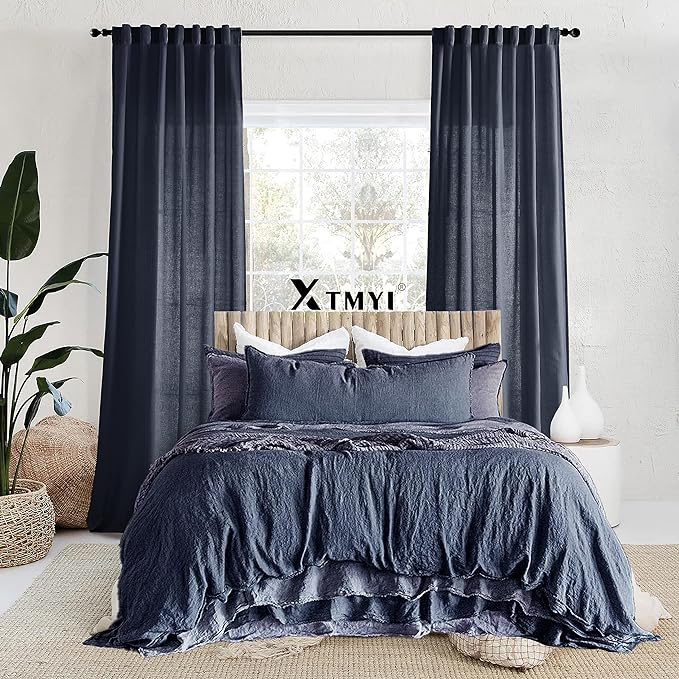 XTMYI Navy Blue Short Length Curtains for Windows,Linen Sheer Cutains for Bedroom Kitchen,45 Inch Long