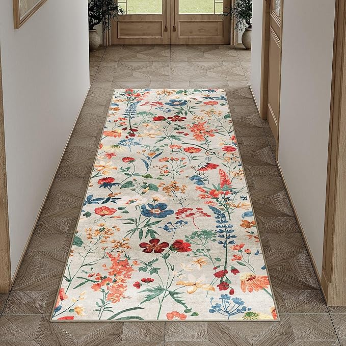 Floral Runner Rug 2x6 Washable Hallway Long Beige Bedroom Carpet Non Slip Indoor Boho Kitchen Low Pile Accent Rug Lightweight Soft for Bathroom Dining Laundry Living Room