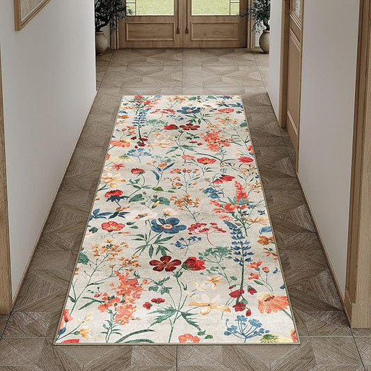 Floral Runner Rug 2x7 Washable Hallway Long Beige Bedroom Carpet Non Slip Indoor Boho Kitchen Low Pile Accent Rug Lightweight Soft for Bathroom Dining Laundry Living Room