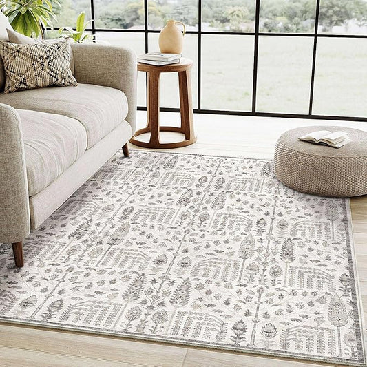 Area Rug 5x7 Washable Grey Carpet Non Slip Large Boho Thin Floral Farmhouse Throw Accent Rug for Living Room Bedroom Office Kitchen Bathroom