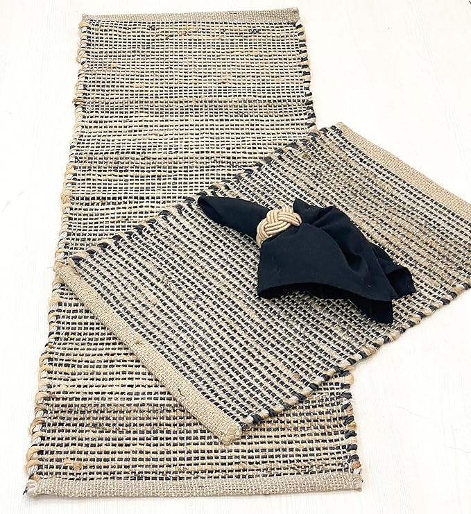 Chardin home Natural Jute Table Runner 13x36 Inch – Vintage Boho Rustic Table Decor – Handwoven Jute Table Runner in Natural and Black Charcoal – Farmhouse Dining or Console Table Accent
