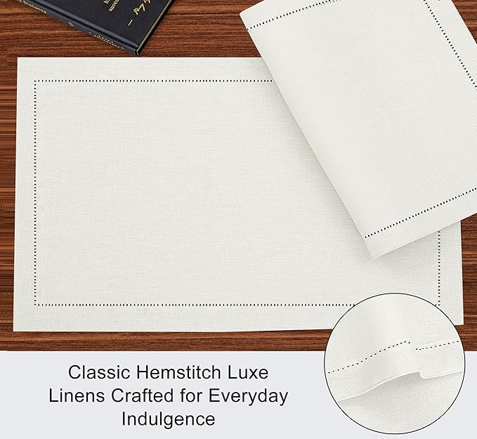 Ruvanti Linen Placemats Set of 6-13x19 Inch, Classic Hemstitch, Heat ‎Resistant Machine Washable Place Mats, Soft & Elegant- Perfect for Christmas, ‎Thanksgiving, Easter, Weddings, Dinner - Ivory